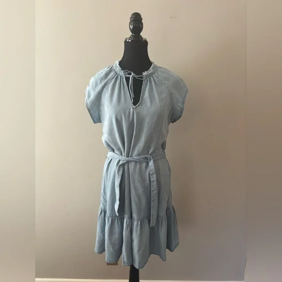 Anthropologie Cloth & Stone ruffle neck tiered mini dress blue size XS NWT